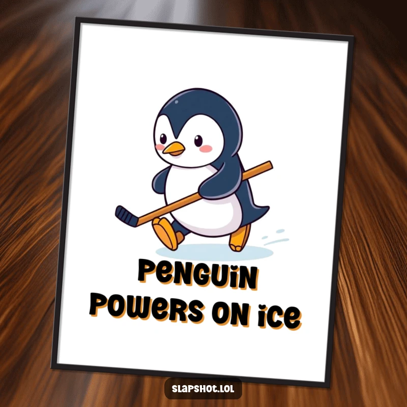 Funny Free Printable Wall Art: A penguin slides across an ice rink holding a miniature hockey stick, cool downloadable art for any room.