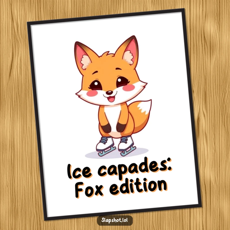 Funny Free Printable Wall Art: A grinning fox with tiny skates, wobbling mid-fall, creating humorous downloadable decor, a DIY gift.