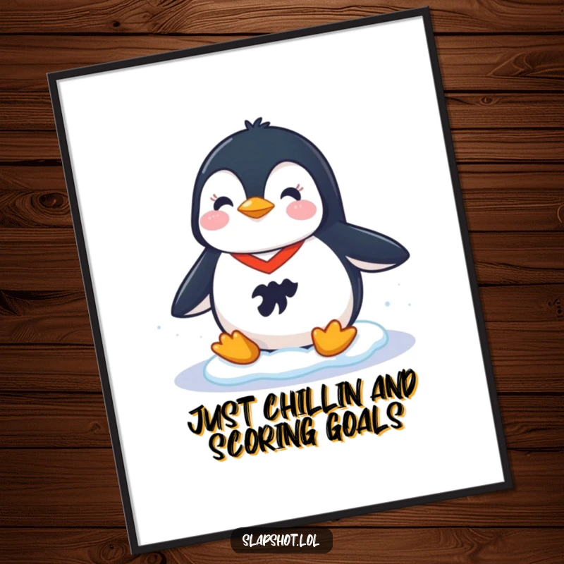 Funny Free Printable Wall Art of a cheerful penguin wearing a tiny hockey jersey, sliding smoothly across an icy surface.