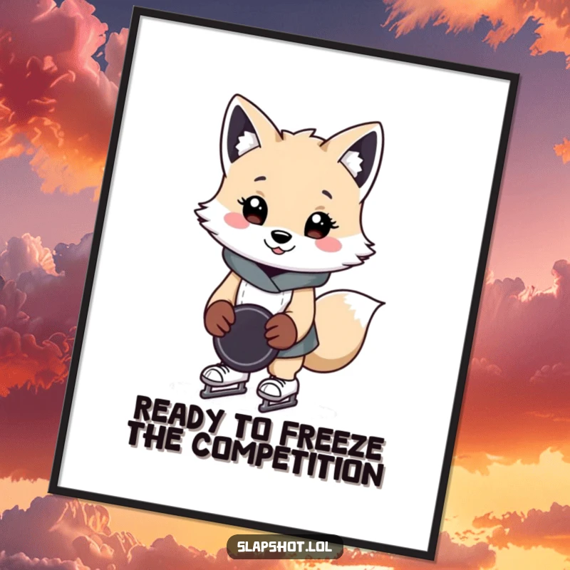 Funny Free Printable Wall Art: A cheerful arctic fox on skates holds a hockey puck, bringing cool vibes and humor.