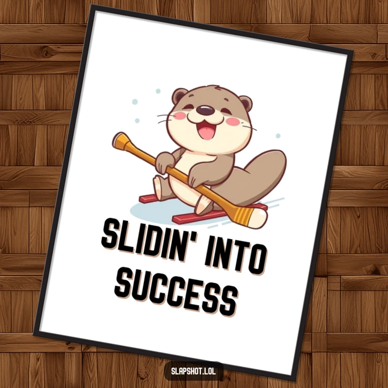 Funny Free Printable Wall Art: A joyful otter sliding on its belly holding a hockey stick, radiating pure fun, humorous downloadable decor.