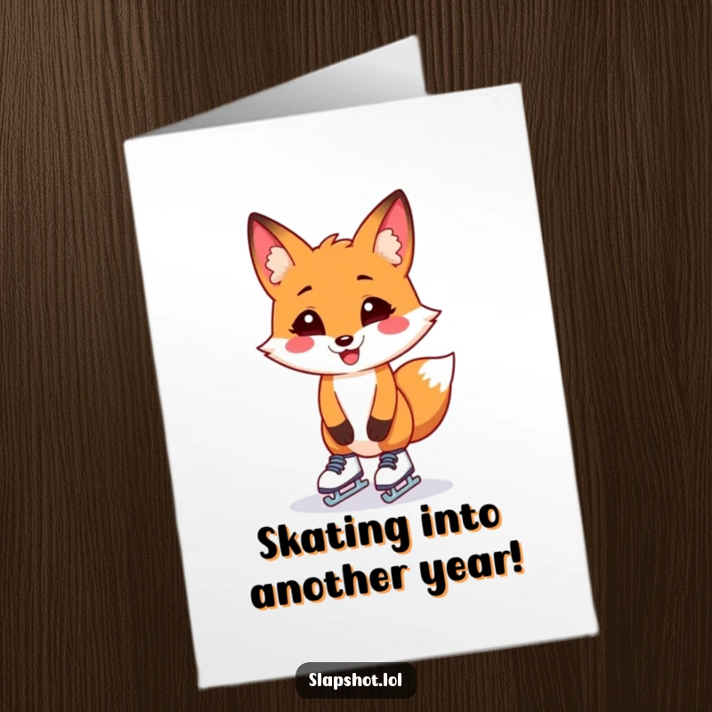 Funny Free Printable Birthday Card: Grinning fox in tiny skates wobbling precariously, ready to fall, a hilarious DIY gift.
