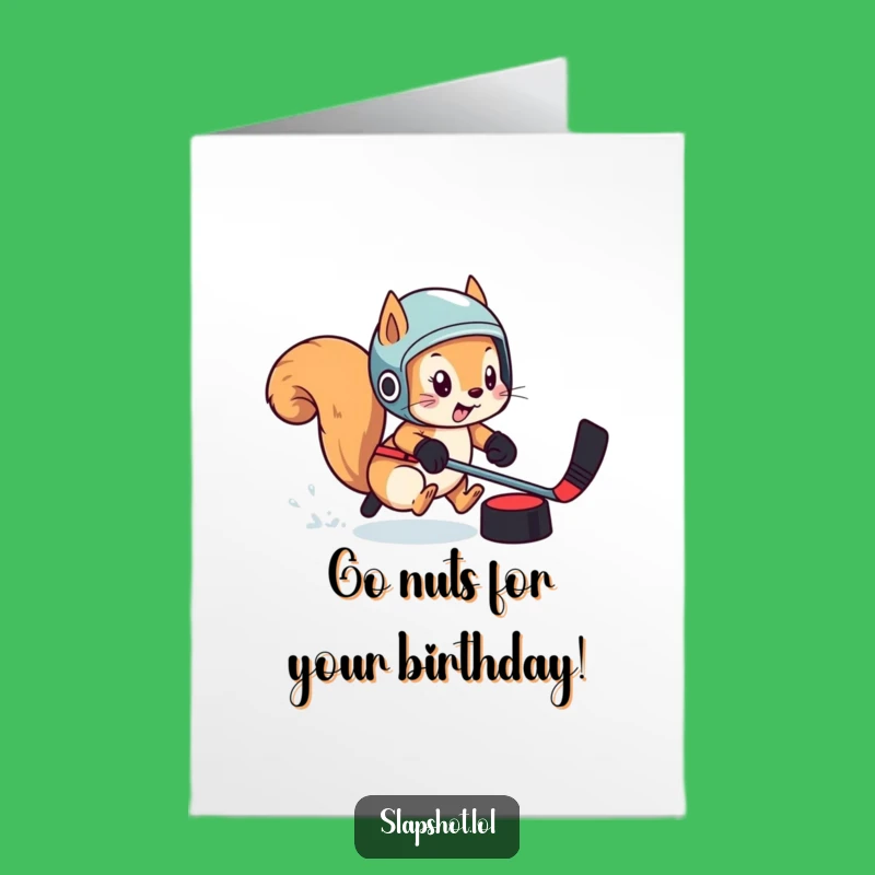 Free Printable Birthday Card: Goalie Squirrel Chasing Puck for a Funny Downloadable Gift