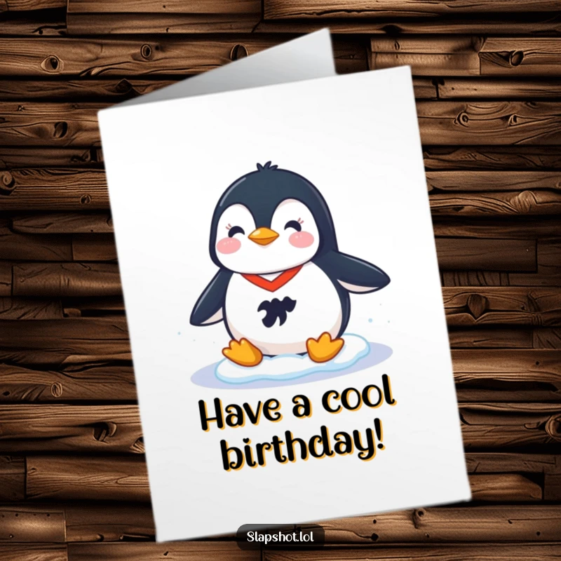 Funny Free Printable Birthday Card featuring a cheerful penguin in a tiny hockey jersey, joyfully sliding across the ice.