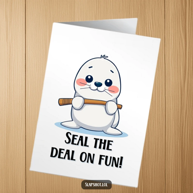 Funny Free Printable Birthday Card: A playful seal balances a hockey stick on its nose, wishing a happy birthday.