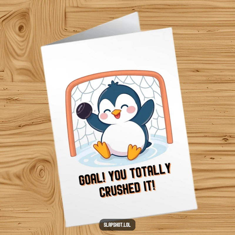 Funny Free Printable Congratulations Card: A giggling penguin slides into a net with a puck, celebrating a champion’s win.