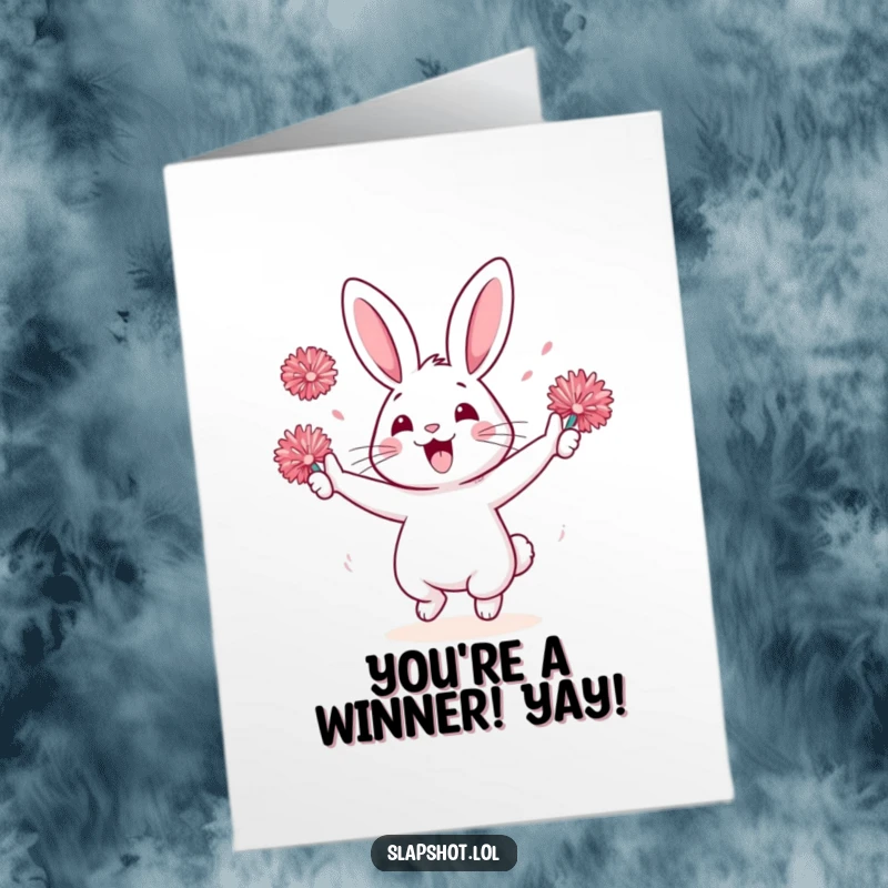 Funny Free Printable Congrats Card: Rabbit character waving pom-poms, excited expression, humorous downloadable art gift.
