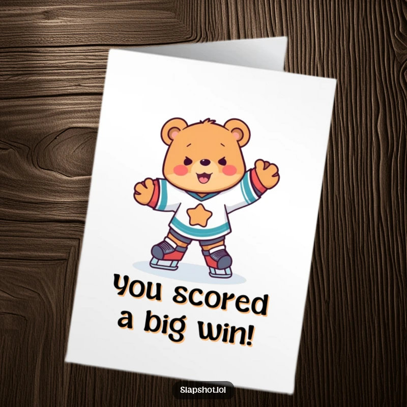 Funny Free Printable Congratulations Card: A cute bear in a hockey jersey skates with joyful abandon, celebrating success with a downloadable card.