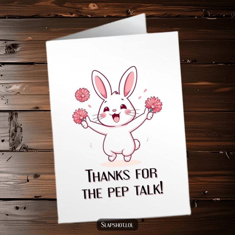 Funny Free Printable Thank You Card: Rabbit character holding pom-poms, happy grin, humorous downloadable gift.