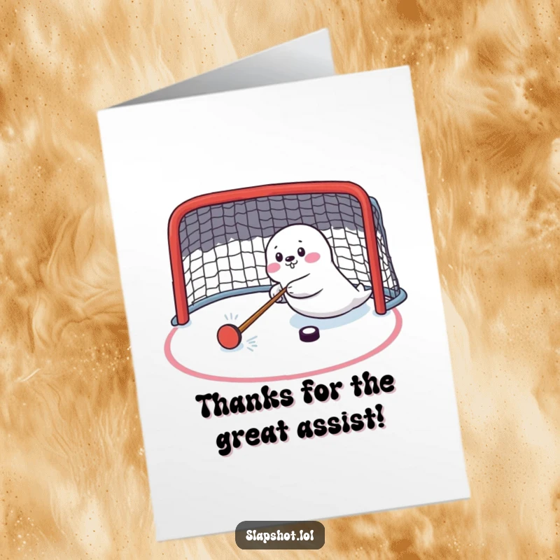 Funny Free Printable Thank You Card: Seal player holding hockey stick, grateful expression, humorous downloadable gift.