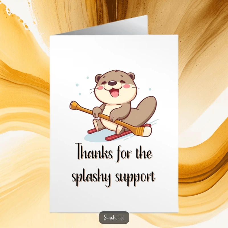 Funny Free Printable Thank You Card: A joyful otter sliding on its belly with a hockey stick, conveying thanks in a slippery, hilarious way.