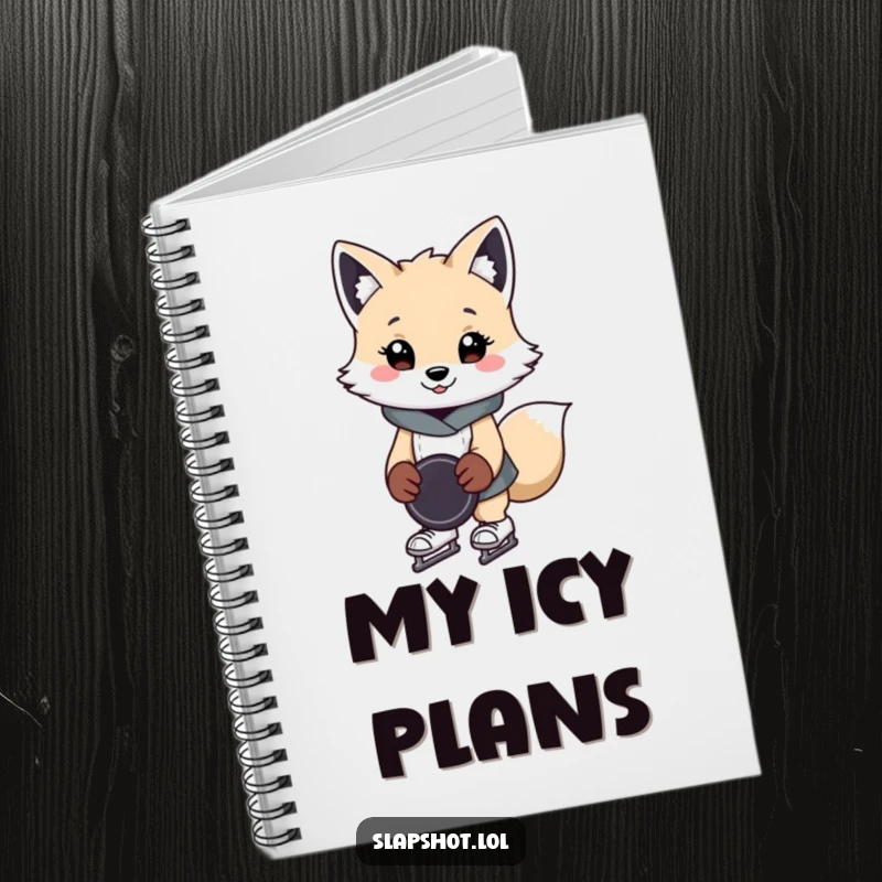 Funny arctic fox notebook with a cheerful skater character on the cover, ideal for jotting down ideas with a humorous touch.