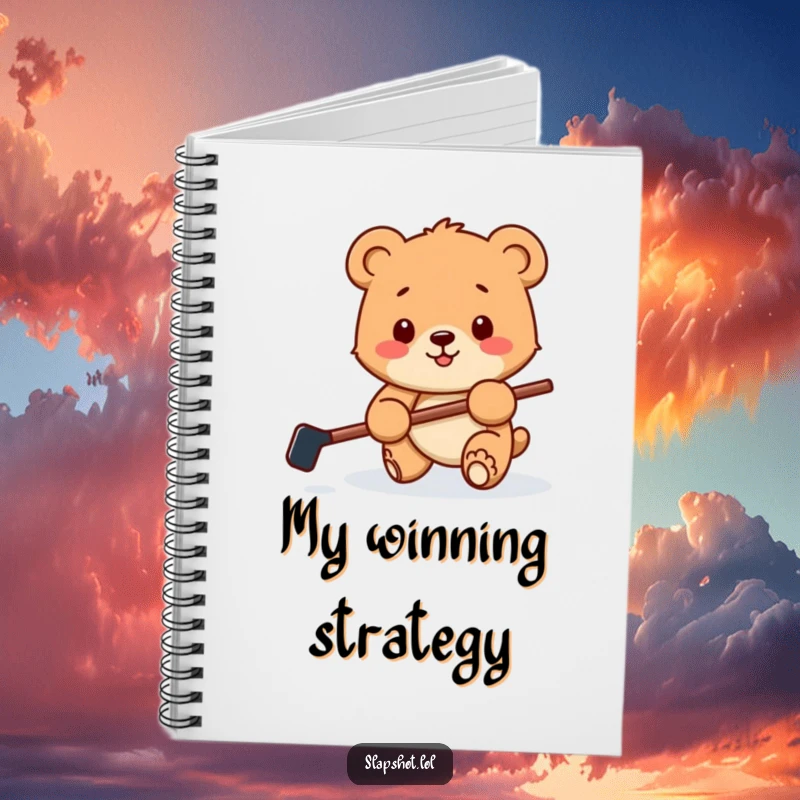 Funny notebook featuring a happy bear cub with a hockey stick playfully batting a puck, perfect for jotting down game plans and notes.