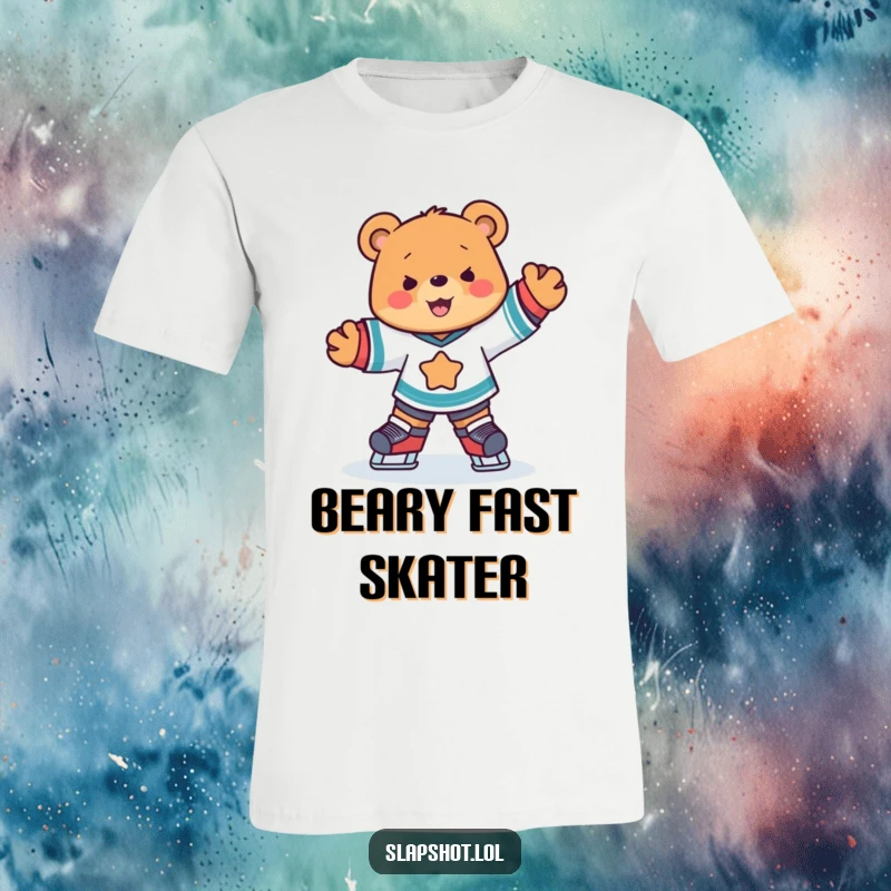 Funny cute bear wearing an ice hockey jersey, skating with joyful abandon, energetic sports character tee.
