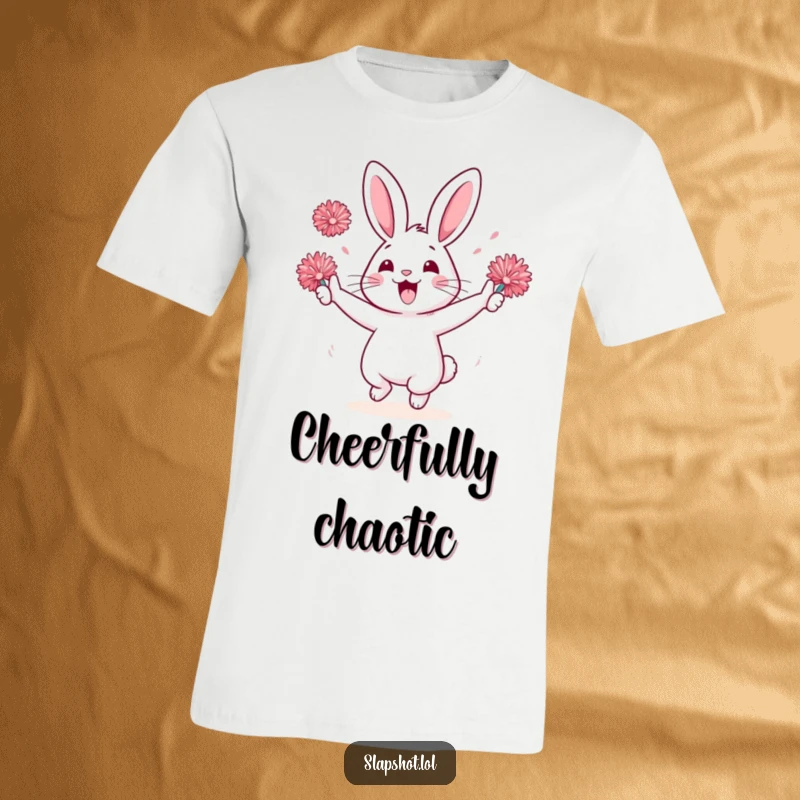 Funny rabbit character in a t-shirt, wildly cheering with tiny pom-poms, embodying pure excitement.