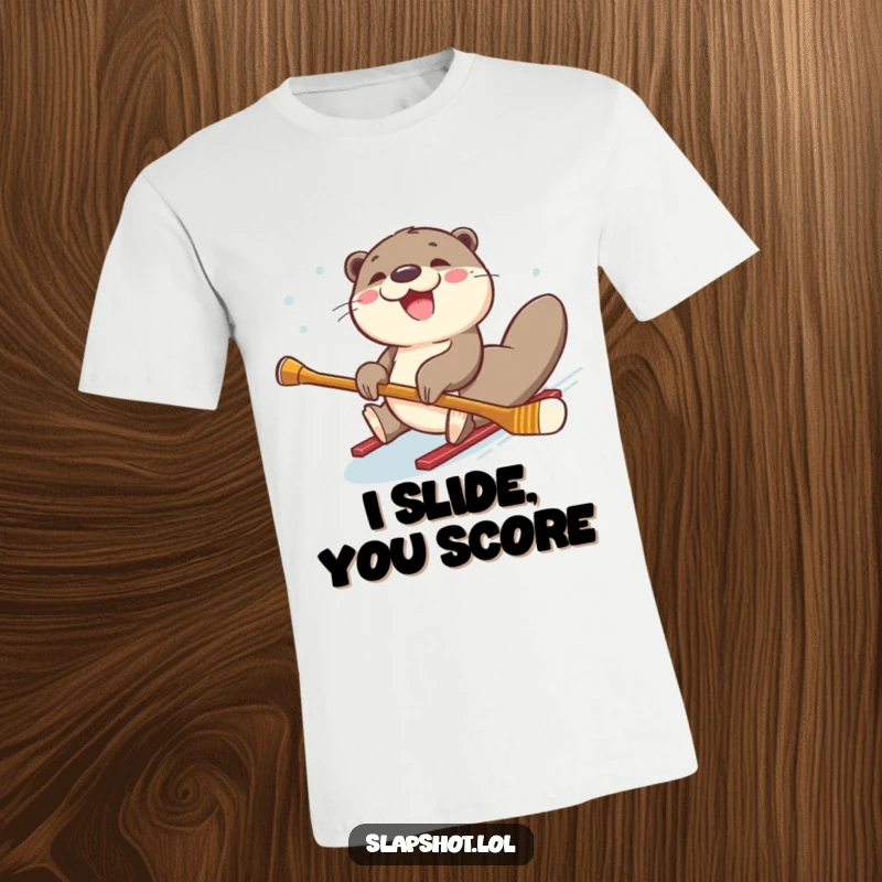 Funny joyful otter sliding on its belly with a hockey stick on a t-shirt, radiating happiness.