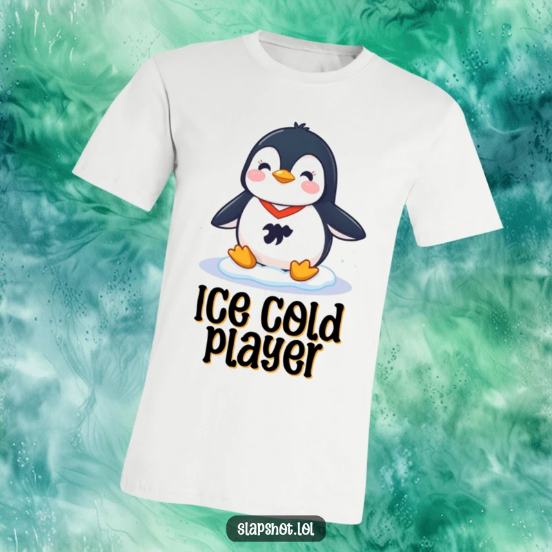 Funny t-shirt with a cheerful penguin in a tiny hockey jersey, gracefully sliding on ice, capturing a fun sports moment.