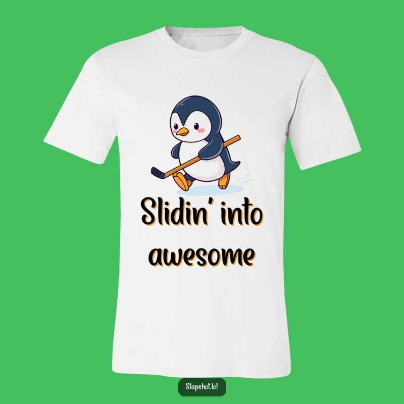 Funny Penguin Hockey T-Shirt, Sliding Skater Design, Hilarious Winter Fan Tee