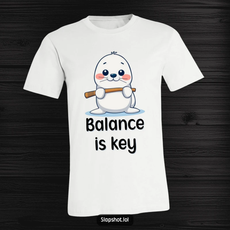 Funny seal t-shirt depicting a playful character balancing a hockey stick on its nose, perfect for casual wear.
