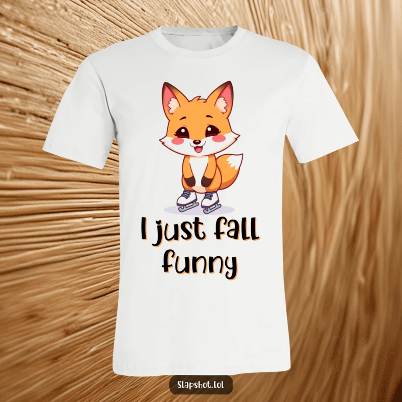 Funny fox wearing tiny skates, teetering precariously, on a t-shirt, expressing a comically determined yet awkward stance.