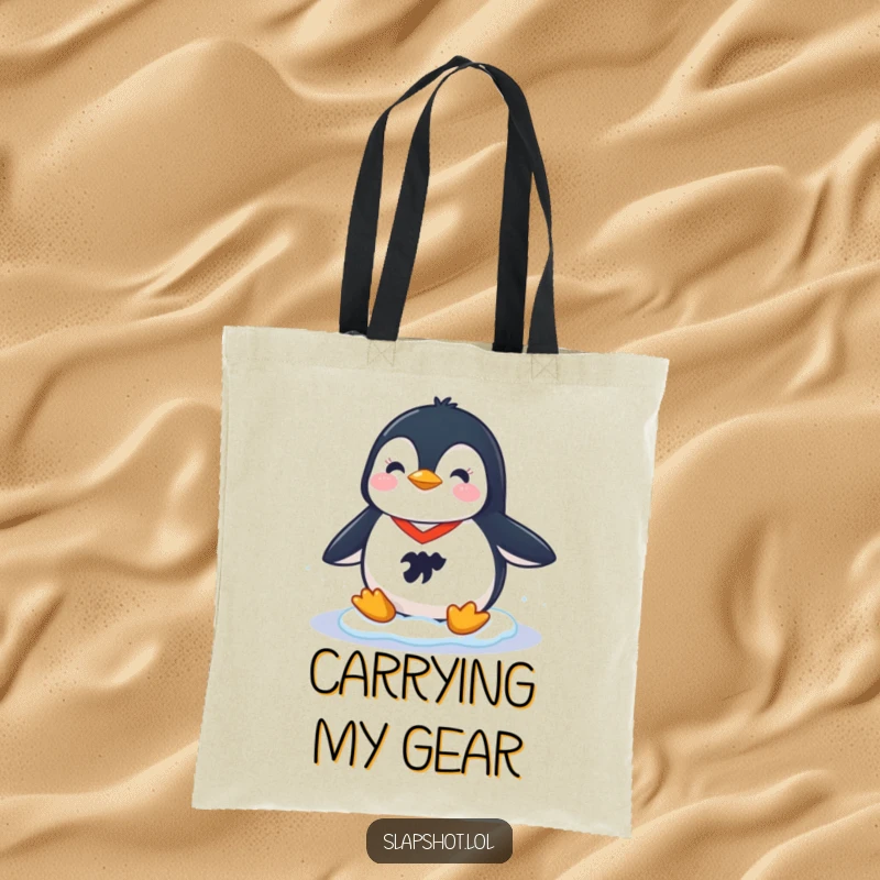 Funny tote bag with a cheerful penguin wearing a tiny hockey jersey, sliding on ice, perfect for carrying sports essentials.