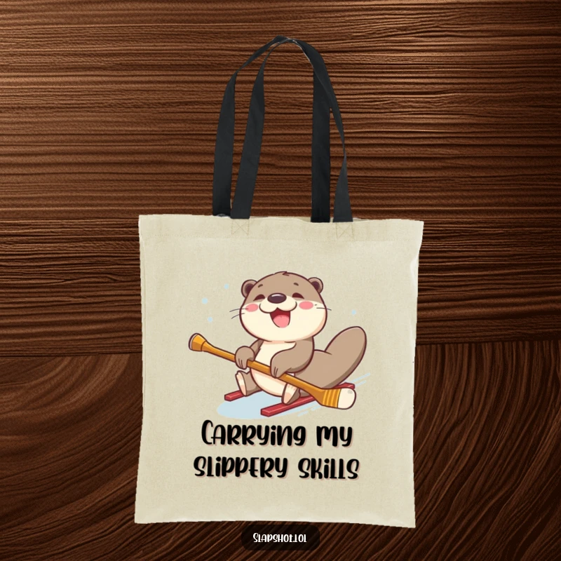 Joyful otter sliding on its belly with a hockey stick, printed on a versatile tote bag.