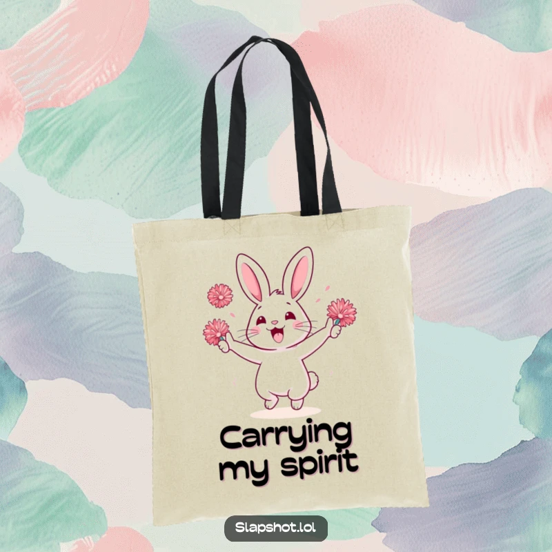 Funny rabbit character on a tote bag, holding tiny pom-poms and cheering, a vibrant and humorous accessory.