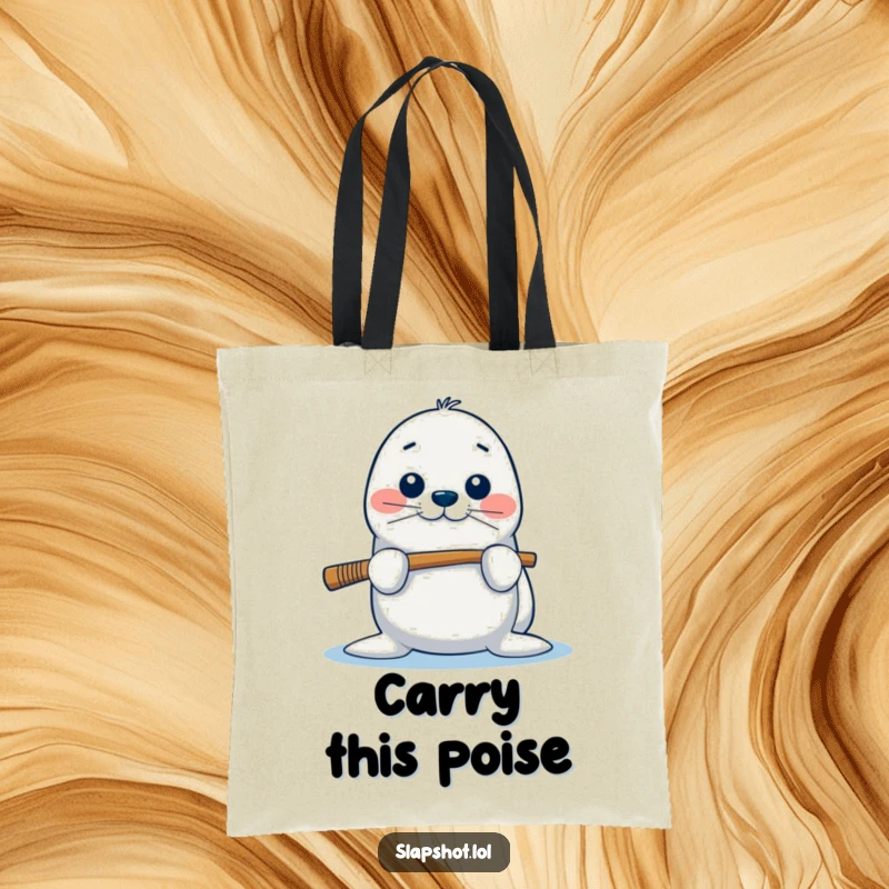 Funny seal tote bag featuring the playful character balancing a hockey stick, ideal for carrying items with humor.